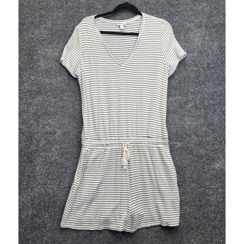 Daily Ritual Women's Striped V-Neck Drawstring Romper Nautical Coastal Summer L